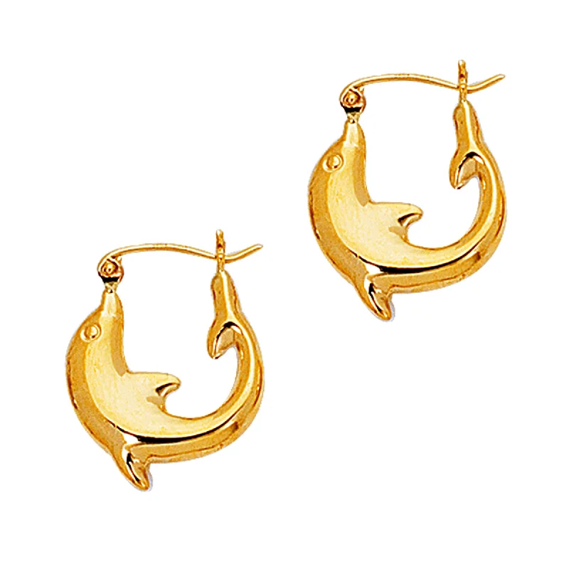 Women’s rose gold earrings-14K Yellow Gold Shiny Small Dolphin Hoop Earrings, Diameter 16mm