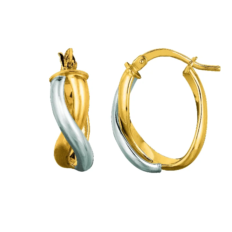 Women’s flower earrings-14K Yellow And White Gold Oval Shape Double Row Twisted Hoop Earrings