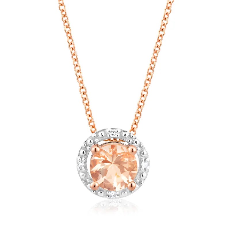 Women’s delicate necklace-9ct Rose Gold Morganite with Diamond Halo Pendant on 45cm Chain