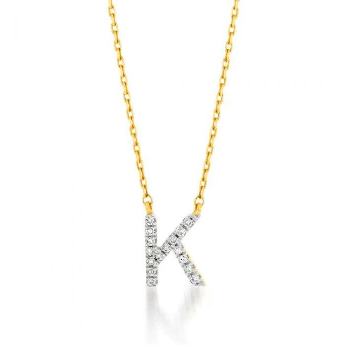 Women’s pearl pendant necklace-Luminesce Lab Diamond K Initial Pendant in 9ct Yellow Gold on Adjustable 45cm Chain