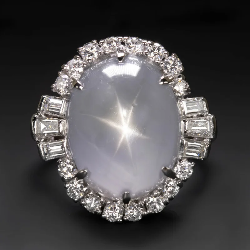 Women’s multi-stone engagement ring-VINTAGE 18ct NATURAL STAR SAPPHIRE DIAMOND COCKTAIL RING PLATINUM HALO OVAL BIG