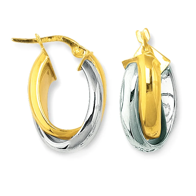 Women’s colorful gemstone earrings-14K Yellow And White Gold Round Shape Two Tone Double Row Hoop Earrings