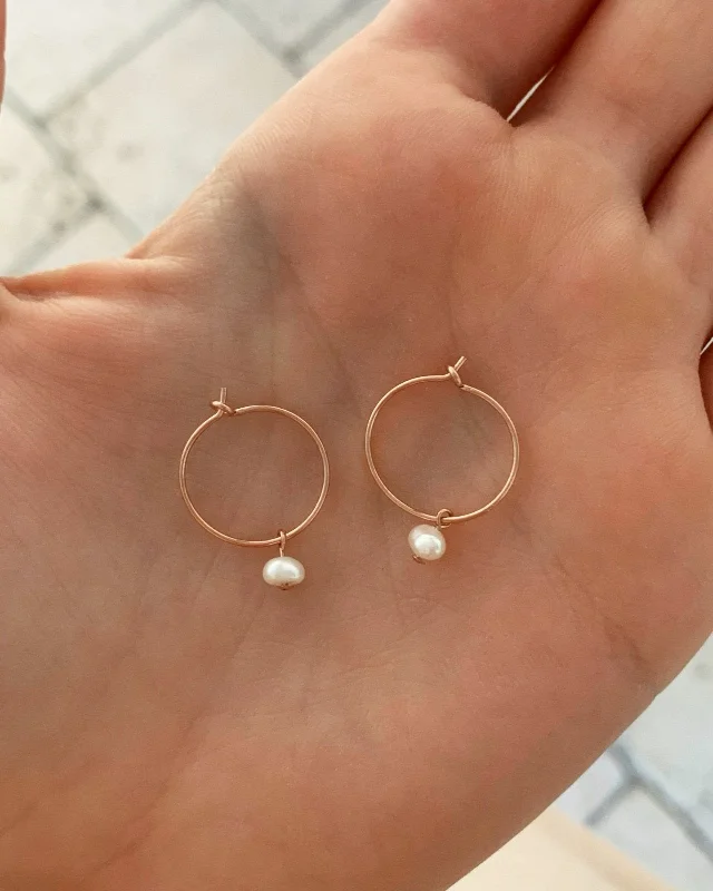 Women’s gemstone dangle earrings-Freshwater Pearl Hoop Earrings - 14k Rose Gold Fill