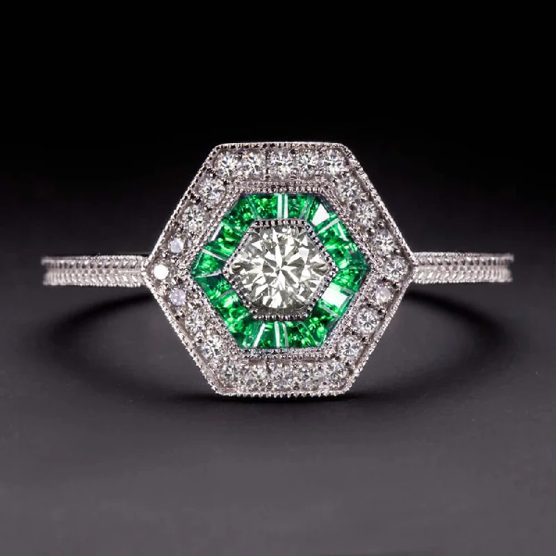 Women’s simple engagement ring-DIAMOND EMERALD RING ART DECO VINTAGE STYLE HEXAGON DOUBLE HALO 14k WHITE GOLD