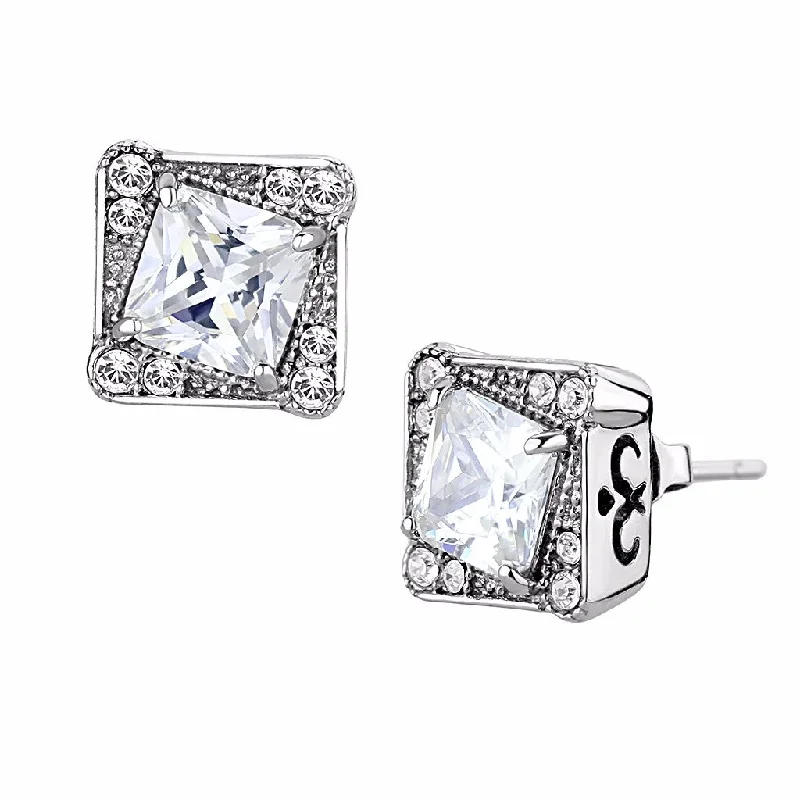 Women’s colorful gemstone earrings-6x6mm Princess Cut Clear CZ center surrounded by Top Grade Crystal Stainless Steel Earrings