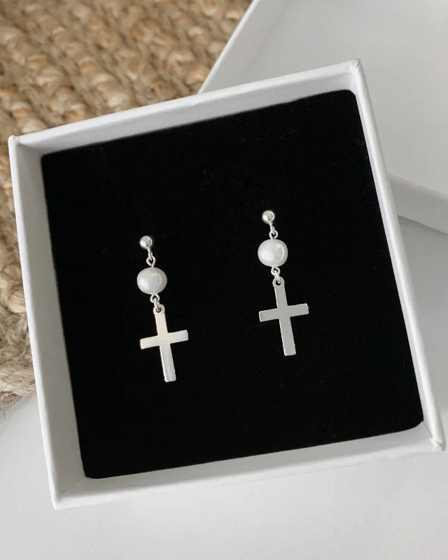 Women’s silver hoop earrings-Freshwater Pearl Cross Earrings - Sterling Silver