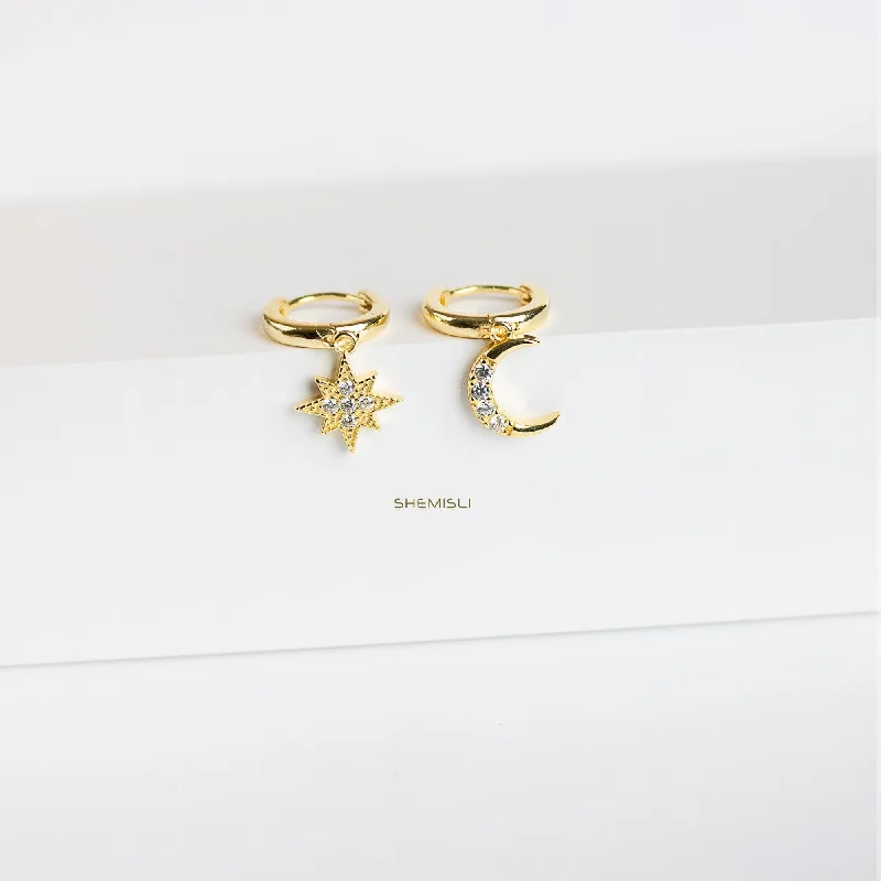 Women’s adjustable earrings-Mismatched Star Moon CZ Drop Hoop Earrings, Huggies, Gold, Silver SHEMISLI SH111