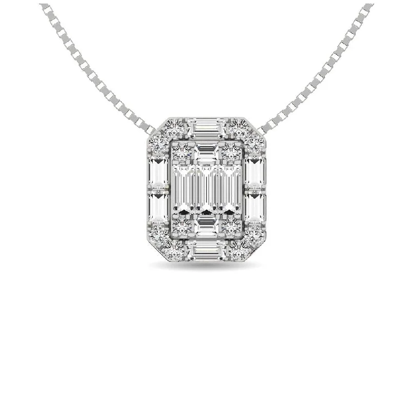 Women’s engraved necklace-Diamond 1/4 Ct.Tw. Round and Baguette Fashion Pendant in 14K White Gold