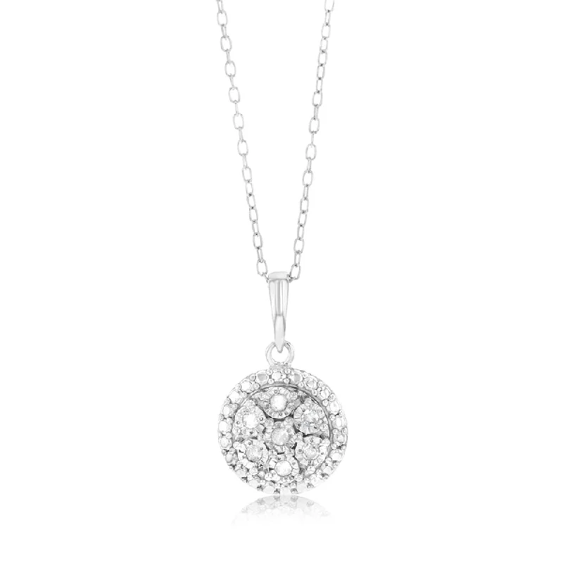 Women’s tennis necklace-Sterling Silver 1/10 Carat Diamond Round Cluster Pendant on 46cm Chain