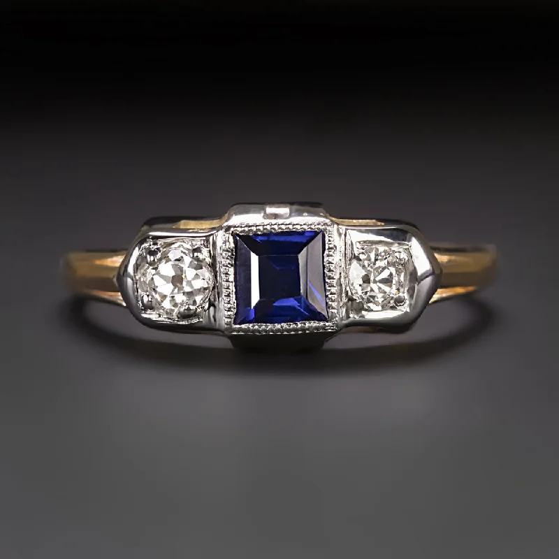 Women’s vintage engagement ring-VINTAGE SAPPHIRE DIAMOND COCKTAIL RING TWO TONE 14k YELLOW WHITE GOLD ESTATE