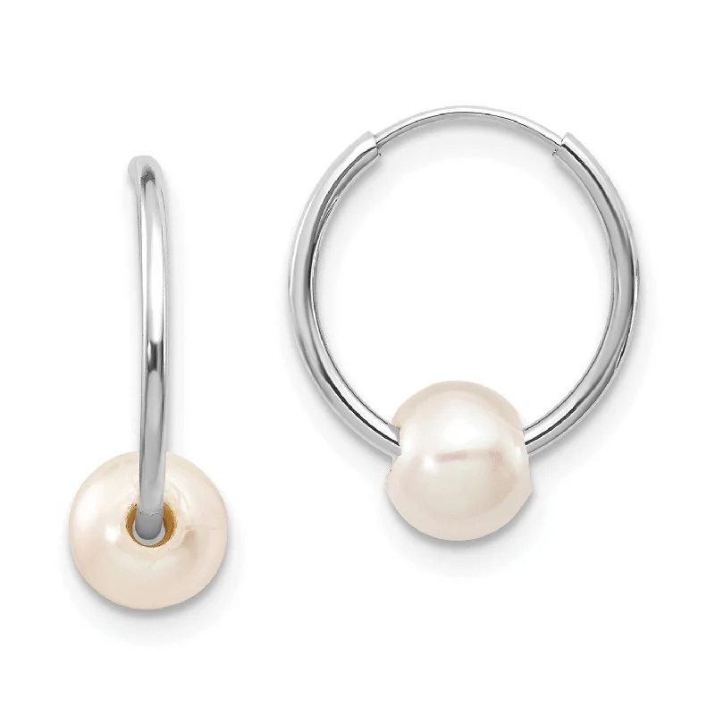 Women’s delicate earrings-14k Real White Gold 5-6mm White Freshwater Cultured Pearl Endless Hoop Earrings, 12mm