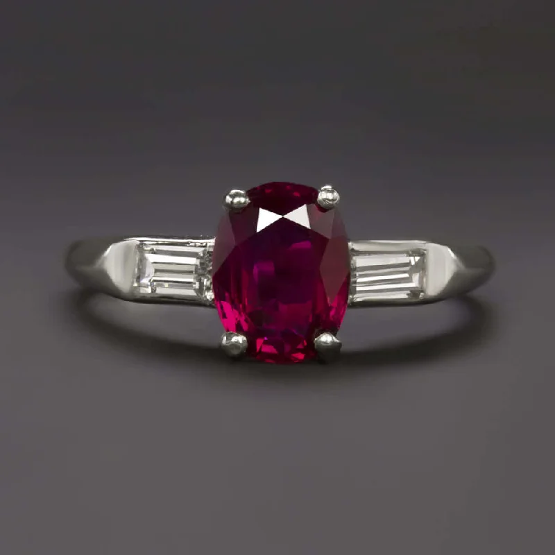 Women’s multi-stone engagement ring-1.55ct RUBY DIAMOND VINTAGE RING PLATINUM OVAL SHAPE 3 STONE NATURAL ESTATE RED