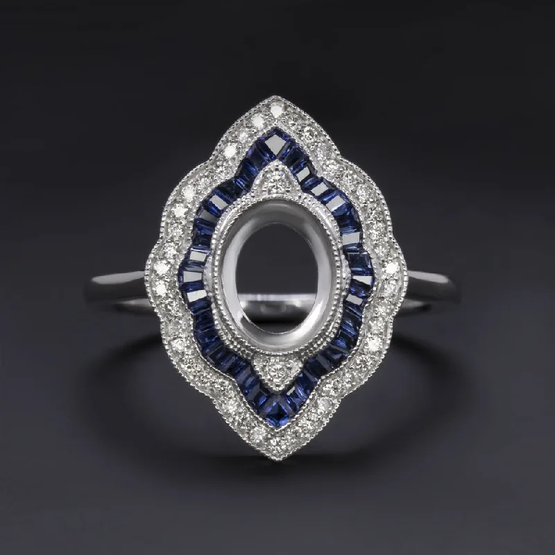 Women’s affordable engagement ring-SAPPHIRE DIAMOND OVAL VINTAGE STYLE RING SETTING NAVETTE DOUBLE HALO CALIBRE