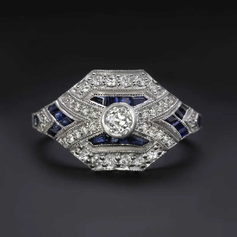 Women’s stylish engagement ring-OLD EUROPEAN CUT DIAMOND SAPPHIRE VINTAGE STYLE RING ART DECO CALIBRE COCKTAIL