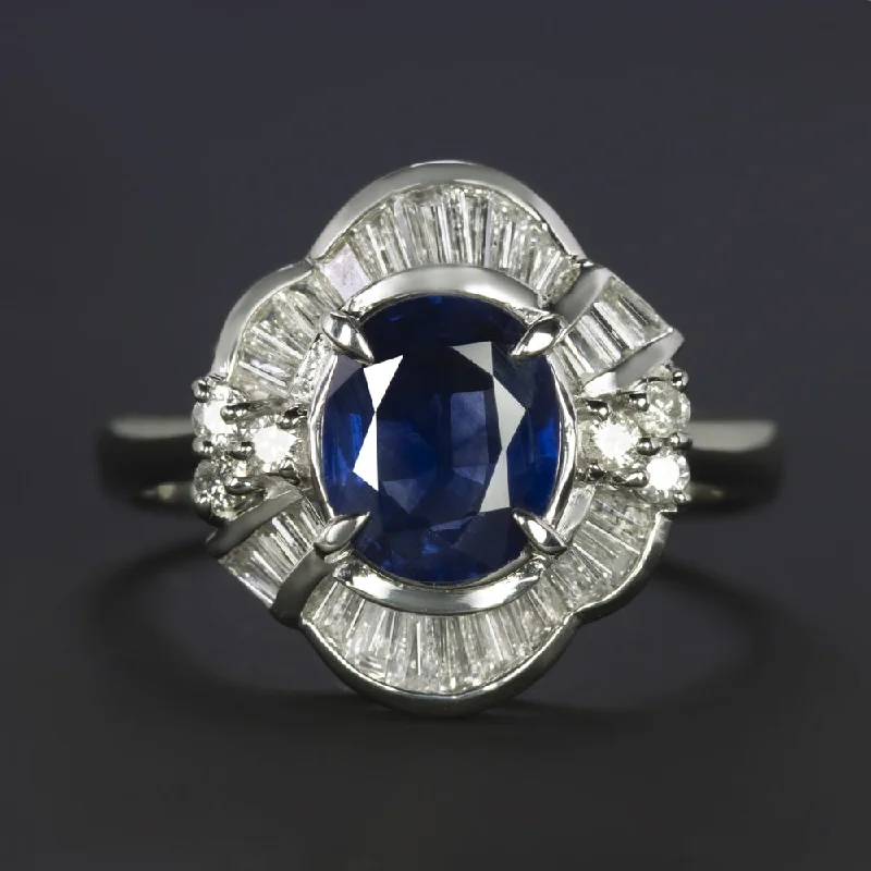 Women’s pear-shaped engagement ring-1.90ct SAPPHIRE DIAMOND COCKTAIL RING PLATINUM OVAL SHAPE BAGUETTE HALO NATURAL