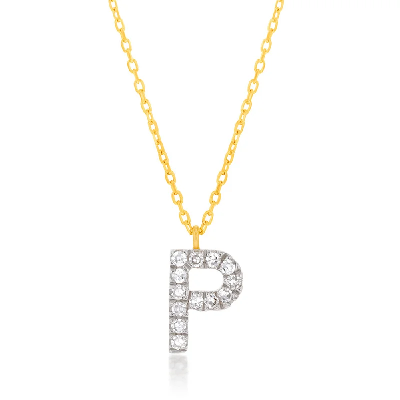 Women’s zodiac necklace-Luminesce Lab Diamond P Initial Pendant in 9ct Yellow Gold with Adjustable 45cm Chain