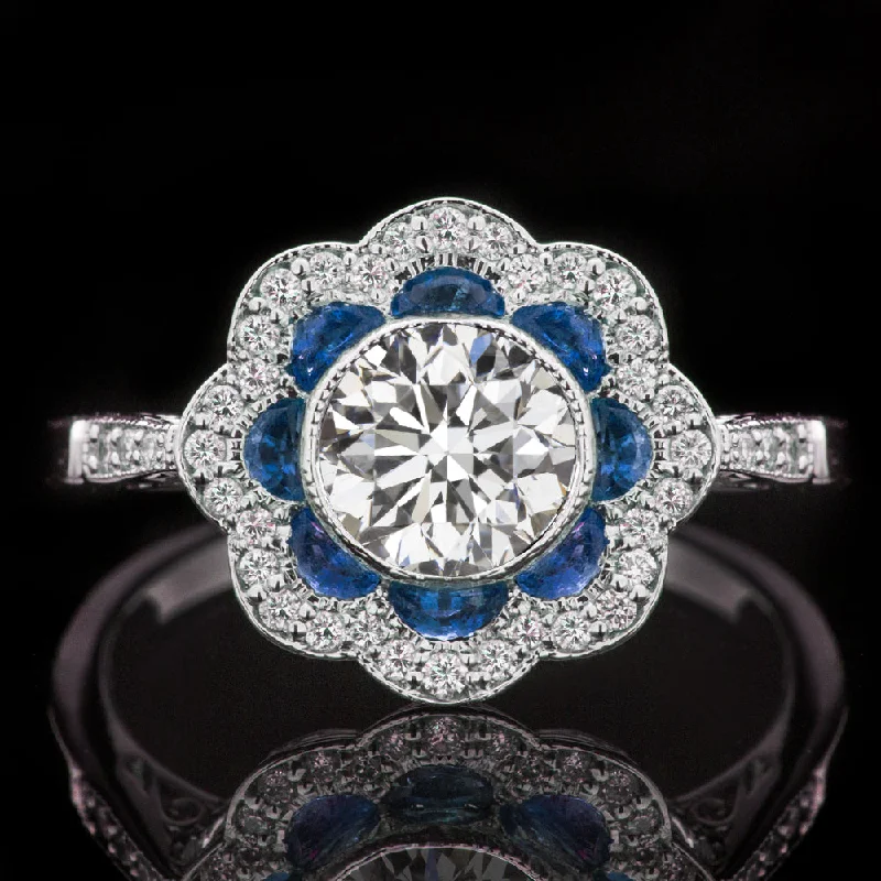 Women’s double halo engagement ring-0.91ct CERTIFIED E SI1 DIAMOND SAPPHIRE COCKTAIL RING VINTAGE STYLE FLORAL ROUND