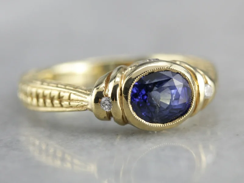 Women’s affordable engagement ring-Ancient Style Ceylon Sapphire Diamond Gold Ring