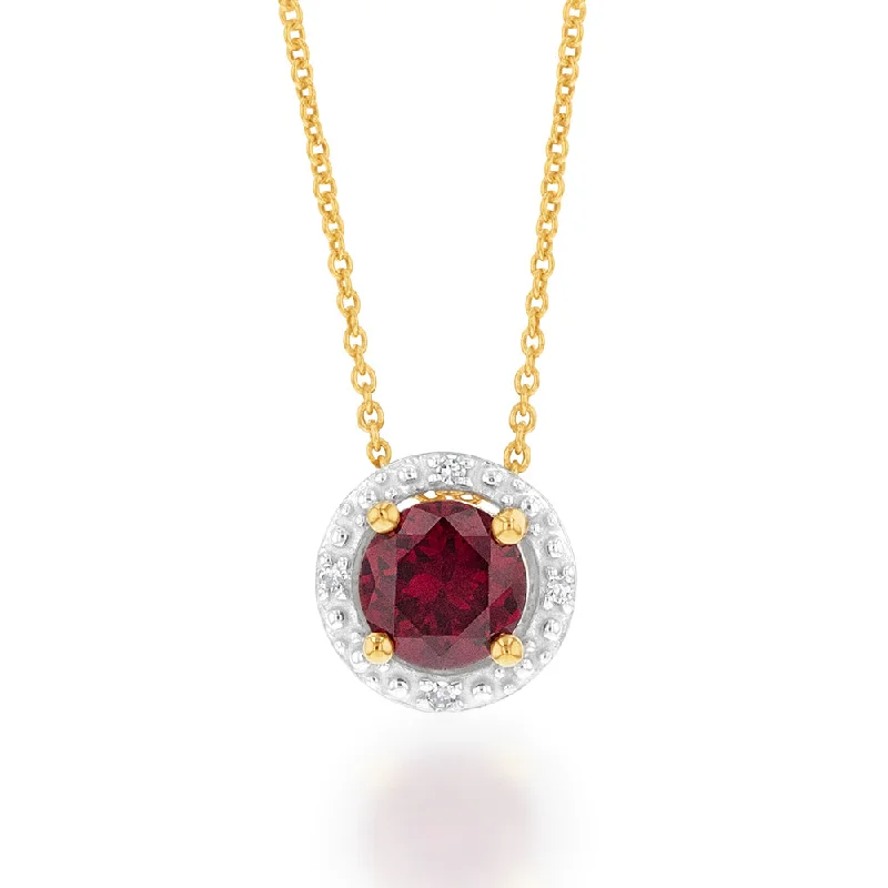 Women’s engraved necklace-9ct Yellow Gold Created Ruby and Diamond Pendant on 45cm Chain