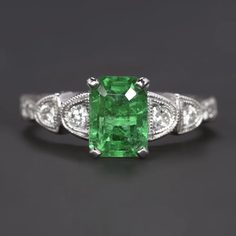 Women’s platinum engagement ring-1.12ct EMERALD DIAMOND COCKTAIL RING WHITE GOLD VINTAGE STYLE NATURAL ART DECO