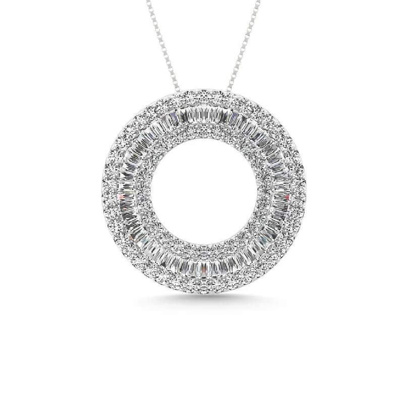 Women’s pearl necklace-Diamond 2 Ct.Tw. Circle Round and Straight Baguette Fashion Pendant in 14K White Gold