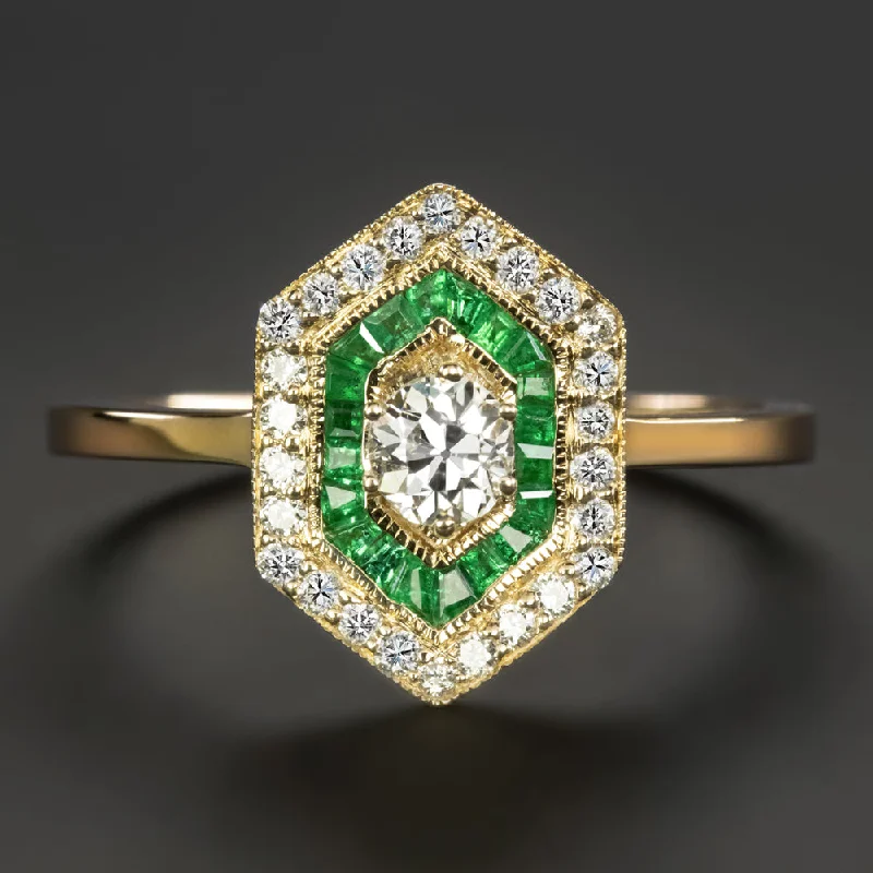 Women’s unique engagement ring-OLD EUROPEAN CUT DIAMOND EMERALD RING VINTAGE ART DECO STYLE HALO YELLOW GOLD