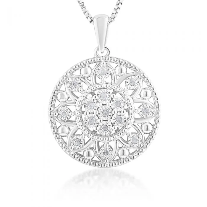 Women’s layered gold necklace-0.10 Carat Diamond Filigree Pendant in Sterling Silver