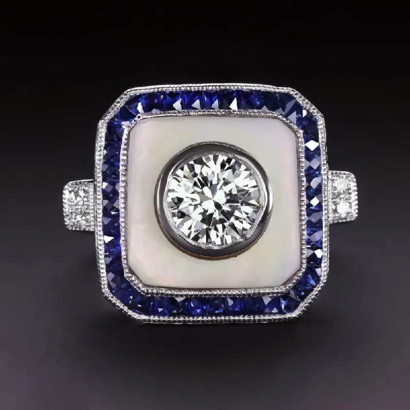 Women’s sapphire and diamond engagement ring-1ct DIAMOND SAPPHIRE COCKTAIL RING MOTHER OF PEARL VINTAGE STYLE 18k WHITE GOLD