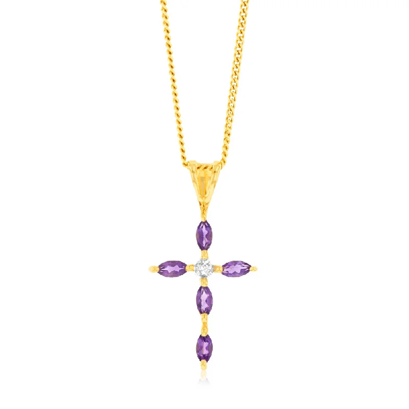 Women’s double chain necklace-Natural Marquise Cut Amethyst Cross Diamond Pendant in 9ct Yellow Gold