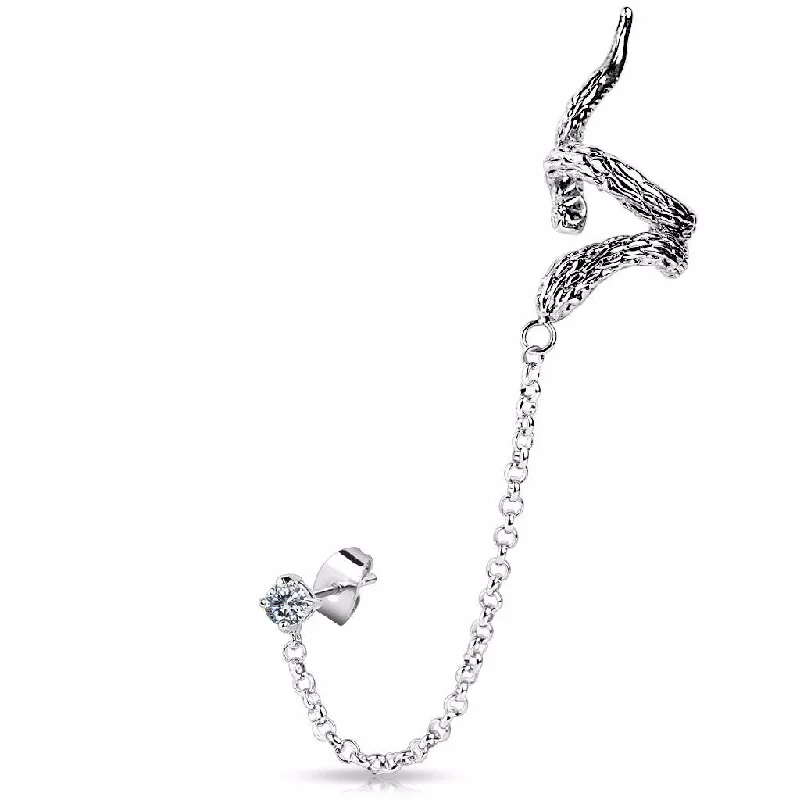 Women’s crystal drop earrings-Snake Design Ear Cuff with Chain Linked Clear CZ set Stud Earring- Left Only