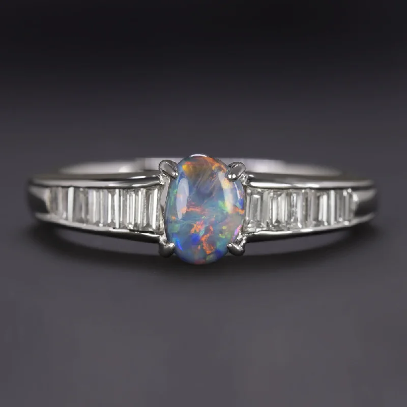 Women’s heirloom engagement ring-OPAL DIAMOND COCKTAIL RING PLATINUM OVAL SHAPE BAGUETTE NATURAL GEMSTONE ESTATE