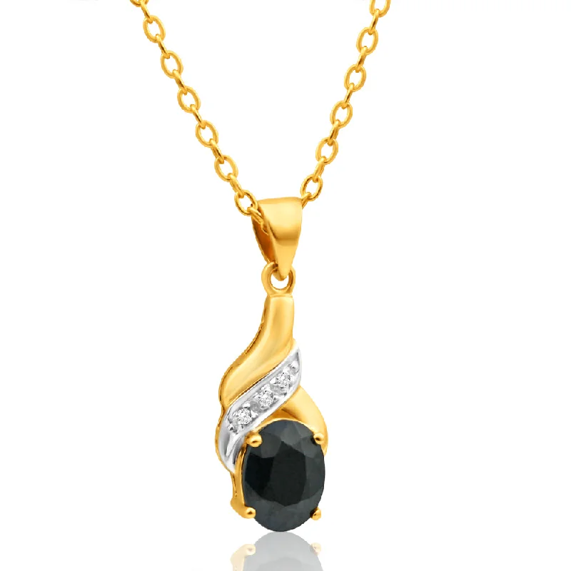 Women’s fashion statement necklace-9ct Charming Yellow Gold Natural Black Sapphire 8x6mm and Diamond Pendant