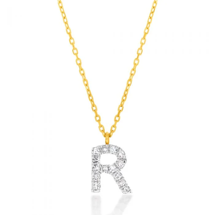 Women’s adjustable necklace-Luminesce Lab Diamond R Initial Pendant in 9ct Yellow Gold with Adjustable 45cm Chain