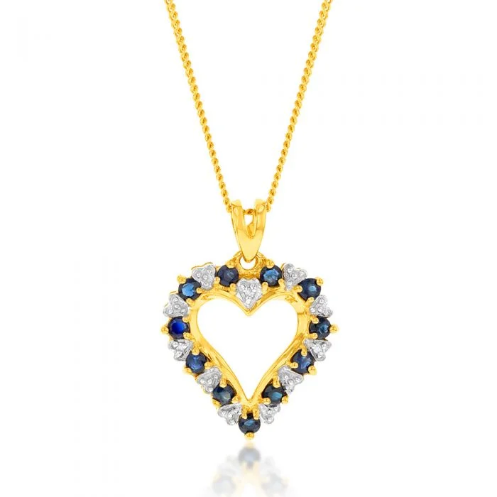 Women’s gemstone necklace-9ct Yellow Gold Natural Sapphire and Diamond Pendant