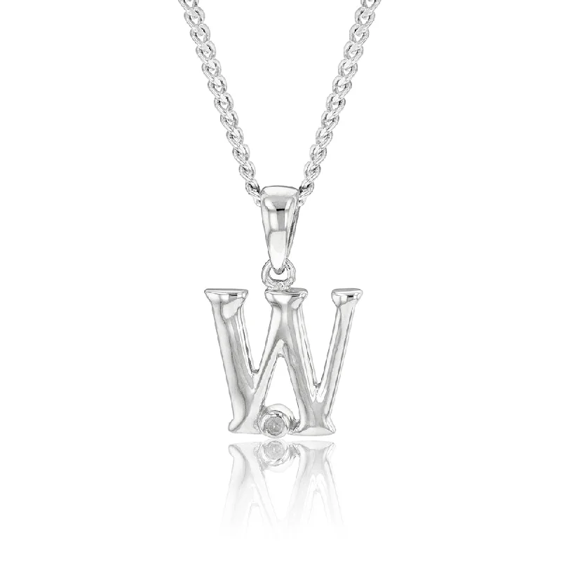 Women’s double pendant necklace-Silver Pendant Initial W set with Diamond