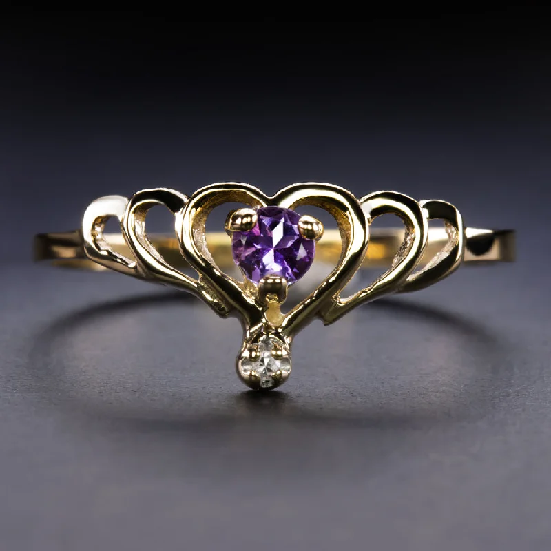 Women’s diamond band engagement ring-AMETHYST DIAMOND VINTAGE COCKTAIL RING 10k YELLOW GOLD HEART SHAPE ESTATE