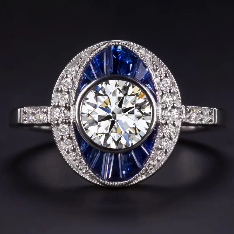 Women’s halo engagement ring-0.90ct GIA CERTIFIED DIAMOND SAPPHIRE COCKTAIL RING VINTAGE STYLE 14k WHITE GOLD