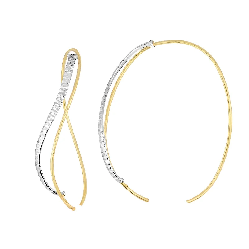 Women’s birthstone earrings-14k Yellow And White Gold Diamond Cut Single Tube Into Double Oval Hoop Earrings