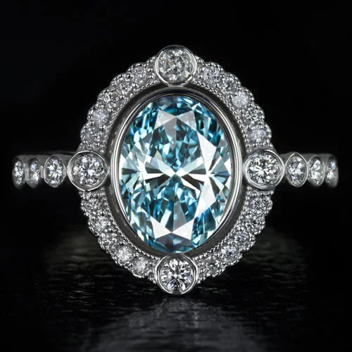 Women’s simple engagement ring-1ct FANCY VIVID BLUE LAB CREATED DIAMOND COCKTAIL RING VINTAGE STYLE HALO OVAL