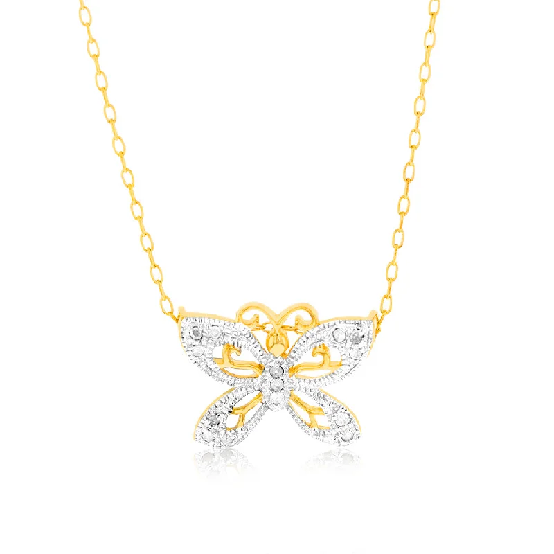 Women’s elegant necklace-1/10 Carat Diamond Butterfly Pendant in Gold Plated Silver