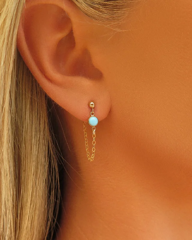 Women’s hoop and stud earrings-Turquoise Chain Stud Earrings  - 14k Yellow Gold Fill