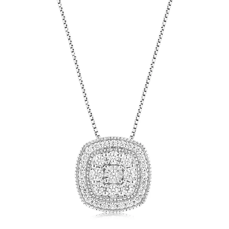 Women’s fine gold necklace-Sterling Silver 0.45 Carat Diamond Cushion Cluster Pendant with Round Brilliant Cut Diamonds on 45cm Chain