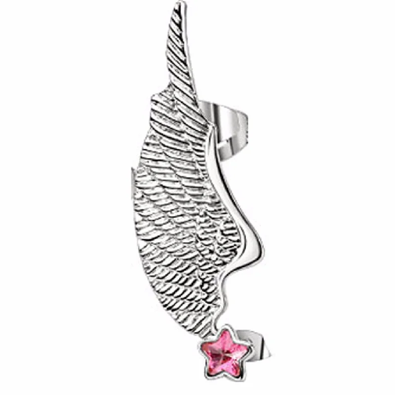 Women’s adjustable earrings-Angel Wing Ear Cuff with Pink Star CZ Stud Stainless Steel Earring- left only