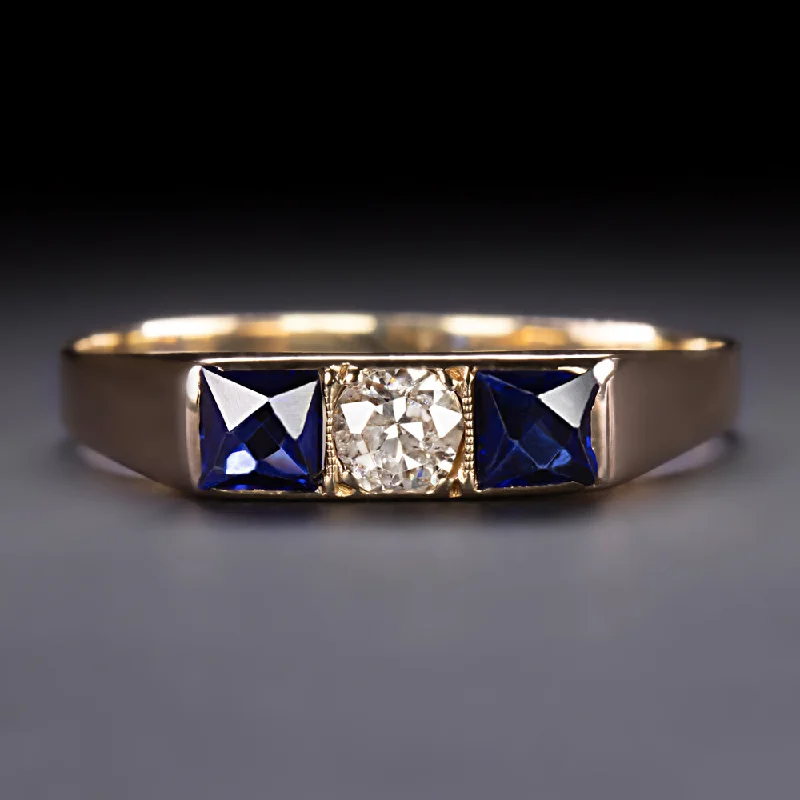 Women’s solitaire engagement ring-VINTAGE DIAMOND SAPPHIRE COCKTAIL RING OLD CUT 14k YELLOW GOLD ESTATE 3 STONE