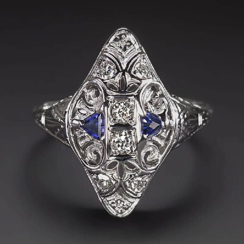 Women’s platinum wedding and engagement ring-VINTAGE DIAMOND SAPPHIRE COCKTAIL RING ART DECO 14k WHITE GOLD NAVETTE FILIGREE