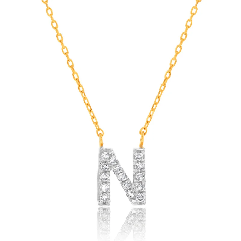 Women’s diamond pendant necklace-Luminesce Lab Diamond N Initial Pendant in 9ct Yellow Gold with Adjustable 45cm Chain