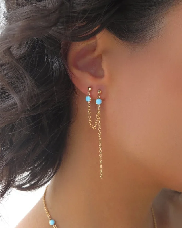 Women’s silver earrings-Double Piercing Turquoise Earrings  - 14k Yellow Gold Fill