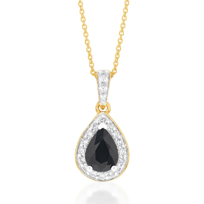 Women’s elegant necklace-9ct Yellow Gold 1ct Natural Sapphire Pear Halo Pendant with 0.15 Carat Diamond on 45cm Chain