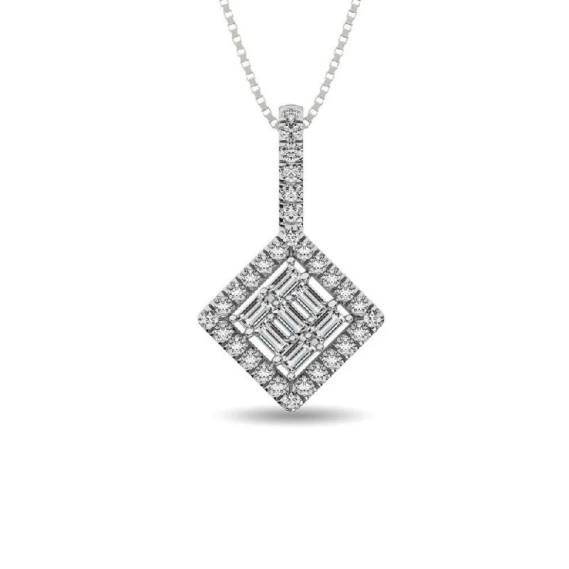 Women’s sapphire necklace-Diamond 1/3 Ct.Tw. Round and Baguette Fashion Pendant in 14K White Gold