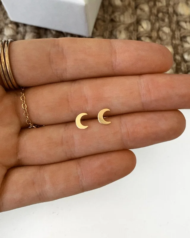 Women’s drop pearl earrings-Moon Stud Earrings - 14k Yellow Gold Fill